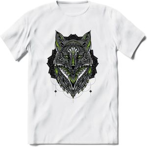 Vos - Dieren Mandala T-Shirt | Groen | Grappig Verjaardag Zentangle Dierenkop Cadeau Shirt | Dames - Heren - Unisex | Wildlife Tshirt Kleding Kado | - Wit - M