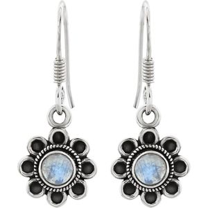 Zilveren oorbellen met hanger dames | Zilveren oorhangers, bloem met ronde maansteen
