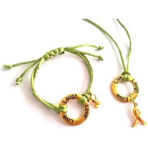 Jewellicious Designs Laugh Live Love ketting & armband goud met olijfgroen glanzend koord voor Pink Ribbon - collier - hanger met tekst - bijpassende armband - goudkleurig olijfgroen