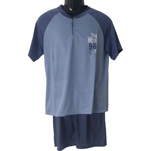 Uniseks Shortama set Dames & Heren - 2 Delig - Kleur Blauw/Donkerblauw/ - Effen met Opdruk Van een Tekst - Maat S - Korte Mouwen - Korte Broek - Knopen - Cadeau - Vaderdag/Moederdag - Kerst