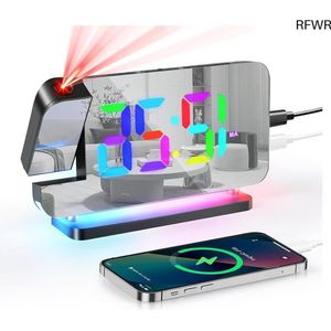 RFWR® Digitale Wekker met Projector en LED Nachtlampje - 7,4 Inch Mirror Klok voor Kinderen en Volwassenen