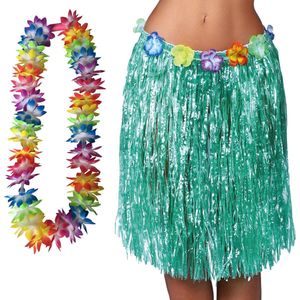 Hawaii verkleed hoela rokje en bloemenkrans met led - volwassenen - groen - tropisch themafeest
