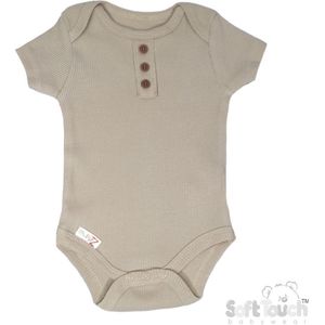 100% katoenen Romper Met Fijn Rib en Decoratieve Knoopjes Unisex 100% Katoen Kleur Coffee Maat 56/62 0-3 MND OEKO-TEX STANDARD 100