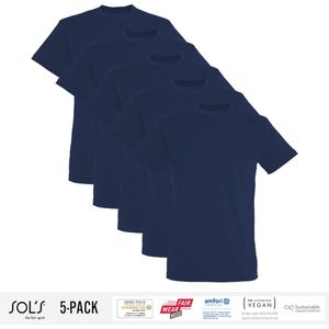 5 Pack Sol's Heren T-Shirt 100% biologisch katoen Ronde hals Navy Blue Maat XXL