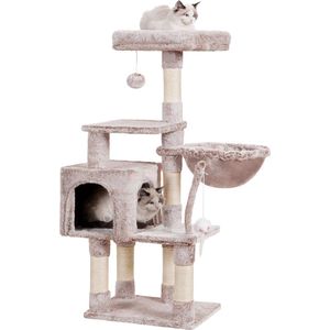 Krabpaal, 111 cm kattenboom met speelgoed, kattenkrabpaal met platform, hangmat en sisal-krabpalen, beige bruin
