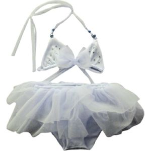 Maat 56 Luxe Bikini zwemkleding Wit met steentjes en strik badkleding tule rok voor baby en kind zwem kleding
