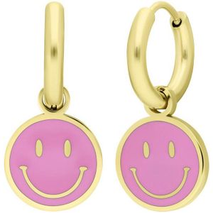 Lucardi Kinder Stalen goldplated oorbellen met smiley roze - Oorbellen - Staal - Goudkleurig