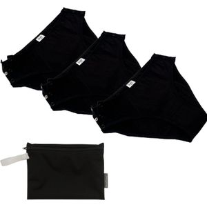 Cheeky Pants Set van 3 - Menstruatie ondergoed Feeling Easy + Wetbag - Maat 50-52 - Zwart - Incontinentie ondergoed - Absorberende bescherming - Drukknopjes - Parabeenvrij