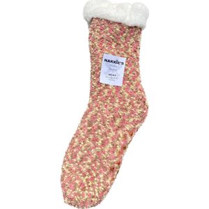 Nakkie's Huissokken - Homesocks - Maat 35-41 - ABS anti-slip noppen - Warm - Fluffy - Zacht - Dames huissokken - Bruin-Okergeel-Rose - Kerst cadeau voor vrouwen en meiden