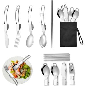 Opvouwbare kampeerbestekset, 5-delig opvouwbaar servies van roestvrij staal, multifunctioneel kampeerbestek, reisbestekset, inclusief zwarte nylon tas, voor kantoor, school, picknick, reizen