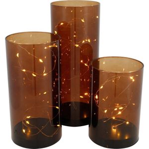 Merkloos | Set van 3 glazen met sfeerlicht | set van 3 bruine glazen met ledlight