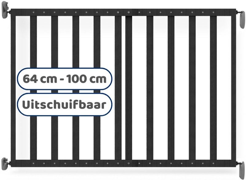 Noma Houten Uitschuifbaar Schroefhekje | Traphek Met Boren | Veiligheidshek met Muurbevestiging | 64 tot 100cm | Kleur Zwart