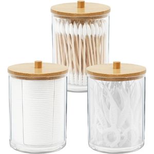 Set Van 3 Acryl Opbergers - Met Bamboe Deksel - Wattenschijfjes & Wattenstaafjes Houder - Luxe Badkamer Organizer