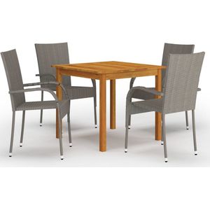 The Living Store Tuinset - Acaciahouten eettafel (85x85x74 cm) en grijze rattan stoelen (55.5x53.5x95 cm) - Stabiel en weerbestendig