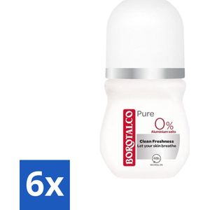 6 x Borotalco - Deodorant Roller - Pure - Clean Freshness - 0% Aluminium Salts - 50 ml - Deodorant - Aluminiumvrije Deodorant - Roll-on Deodorant - Frisse Geur - Gevoelige Huid