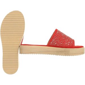 Dilena fashion slippers fluweel stras steentjes rood