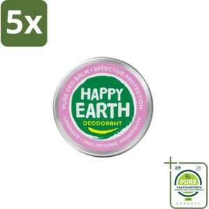 5 x Happy Earth – Deodorant Balm – 100% Natuurlijk Lavender – 45 g - Grootverpakking - Natuurlijke Deodorant - Frisse Geur - Lavendel - Huidvriendelijk - Aluminiumvrij
