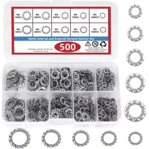 Getande borgringen Assortiment kit 500 stuks - M3 M4 M5 M6 M8 - 304 roestvrijstalen anti-losse afdichting - 304 RVS getande ringen - Gekartelde Lock Washers -