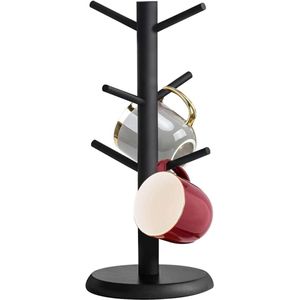 Bekerhouder voor koffiekopjes en mokken met 6 haken, houten organizer voor tafel, keuken accessoire - zwart houten bekerstandaard.