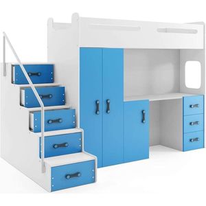 tienerbed/hoogslaper met bureau en matras Max 4 Wit blauw