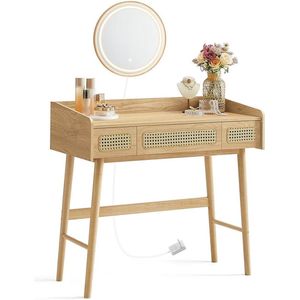 Kaptafel met Spiegel en Verlichting - Vanity Set - Make-uptafel - Massief Houten Poten - MDF - Eiken Beige - 43cm x 90cm x 82cm