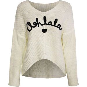 Witte Trui Oh La La | Dames Truien Sweaters - Trui met V hals & tekst - Trendy Dames Fashion - Wit