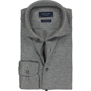 Profuomo slim fit jersey overhemd - knitted shirt pique - antraciet grijs melange - Strijkvrij - Boordmaat: 40