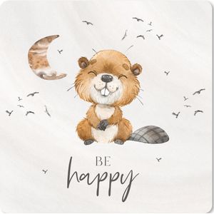 Muismat XXL - Bureau onderlegger - Bureau mat - Quotes - Be happy - Kinderen - Maan - Bever - Waterverf - 60x60 cm - XXL muismat