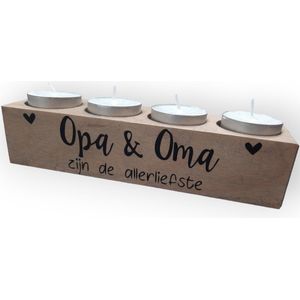 Waxinelichtje houder 4 kaarsen hout met tekst Opa & Oma zijn de allerliefste - Oma - Verjaardag - Geschenk - Cadeau