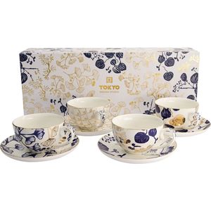 Tokyo Design Studio – Koffiekopjes Set - Flora Japonica Gold – Set met Kopjes en Schoteltjes – 4 verschillende designs – 250ml