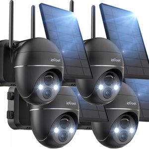 ieGeek 5MP Beveiligingscamera's Draadloos Buiten, Zonne-energie Buiten Beveiligingscamerasysteem 360° PTZ met Spotlight & Sirene, 2.4Ghz Buitencamera's voor Thuisbeveiliging, Kleuren Nachtzicht, Werkt met Alexa, 4 stuks