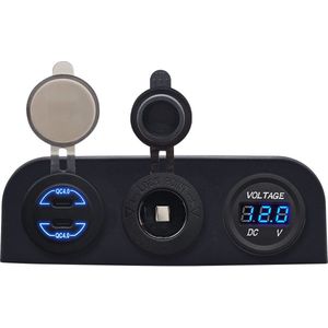 ProRide 12V USB C Autolader 2 Poorten - 30W/QC4.0 - Voltmeter en 12V/24V Sigarettenplug - Drievoudig opbouw paneel