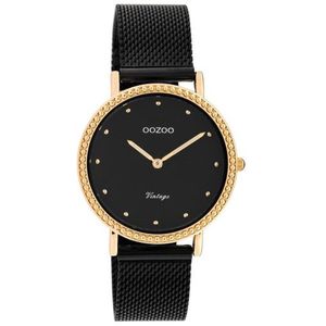 OOZOO Vintage series - rosé goudkleurige horloge met zwarte metalen mesh armband - C20059 - Ø34