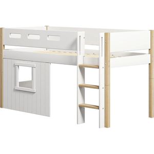 Flexa Bed - Halfhoogslaper, rechte ladder en boomhut bedfronten, wit frame - Wit en Eiken - 200x90 - MDF, Massief eiken en Berken Multiplex