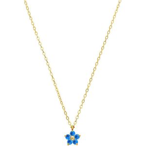 Lucardi Dames Stalen goldplated ketting bloem met zirkonia blue topaz - Ketting - Staal - Goudkleurig - 47 cm