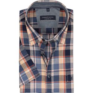 CASA MODA - Sport Comfort Fit - Overhemd - Blauw met Beige en Wit Geruit - Korte Mouw - Strijkvriendelijk