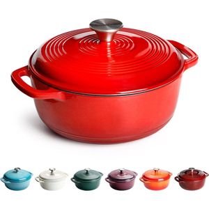 Gietijzeren pan, rond, gietijzeren stoofpan, 22 cm, 3 l, 4,3 kg, antiaanbaklaag, geëmailleerd, gietijzeren pannen voor alle kookplaten (rood)