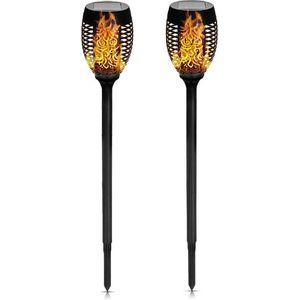 Benson Solar Tuinfakkel - 6x - zwart - LED flame effect - oplaadbaar - D12 x H74 cm - tuinlamp