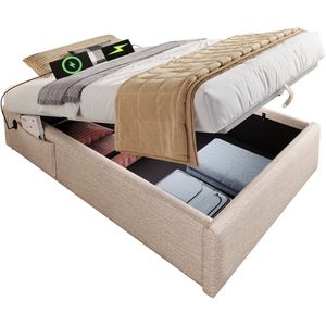 Merax Gestoffeerd Eenpersoonsbed 90x190 cm - Bedframe met USB-C - Hydraulisch Opbergruimte en Houten Lattenbodem - Zonder Hoofdbord - Linnen - Natuurlijk