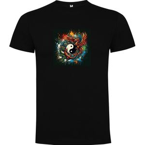Zwart T-Shirt met “Kleurrijke Yin Yang met Draak en Phoenix – Balans “ Print Full Color Maat 2XL