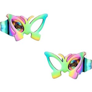 Aramat Jewels - Regenboog zweerknopjes vlinder oorbellen - Chirurgisch staal - 10x6mm - Een kleurrijke en speelse keuze - Geschikt voor dames en heren - Cadeautip - Feestdagen