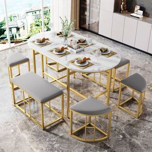 Gotagee Eettafel Set Eettafel met 4 kleine krukken en 2 grote krukken Wit en goud Keuken Eettafelset