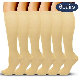 Unisex compressiekousen, verpakking met 6 paar, geschikt voor hardlopen, reizen (vliegtuig), sport, hardlopen en persoonlijke verzorging,Beige,XXL