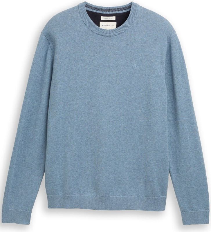 Tom Tailor - Pullovers - Faded Blue Mêlee - Trui met Ronde Hals en Geborduurd Logo