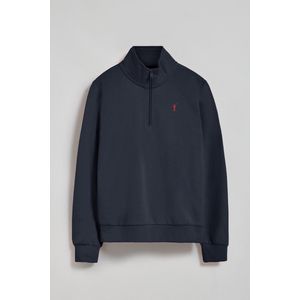 Marineblauwe sweater met halve rits en Rigby Go-logo