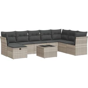 vidaXL - 9-delige - Loungeset - met - kussens - poly - rattan - lichtgrijs