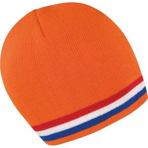 Oranje supporters winter muts met rood/wit/blauwe streep - Koningsdag thema