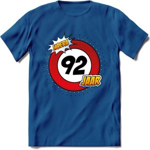92 Jaar Hoera Verkeersbord T-Shirt | Grappig Verjaardag Cadeau | Dames - Heren | - Donker Blauw - XL