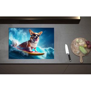 Inductieplaat Beschermer - Bruin met Witte Corgi Puppy Surfend over de Golven - 75x52 cm - 2 mm Dik - Inductie Beschermer - Bescherming Inductiekookplaat - Kookplaat Beschermer van Wit Vinyl