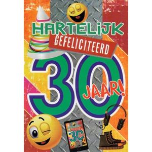 Hartelijk gefeliciteerd! Je bent 30 jaar geworden! Een kleurrijke wenskaart met blije smileys en een mobieltje. Een leuke kaart om zo te geven of om bij een cadeau te voegen. Een dubbele wenskaart inclusief envelop en in folie verpakt.